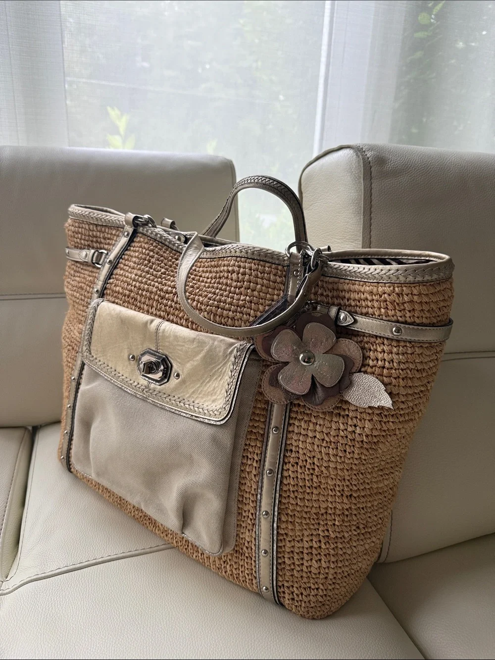 Coach Leather Creed Patch Embellished Straw Tote Bag